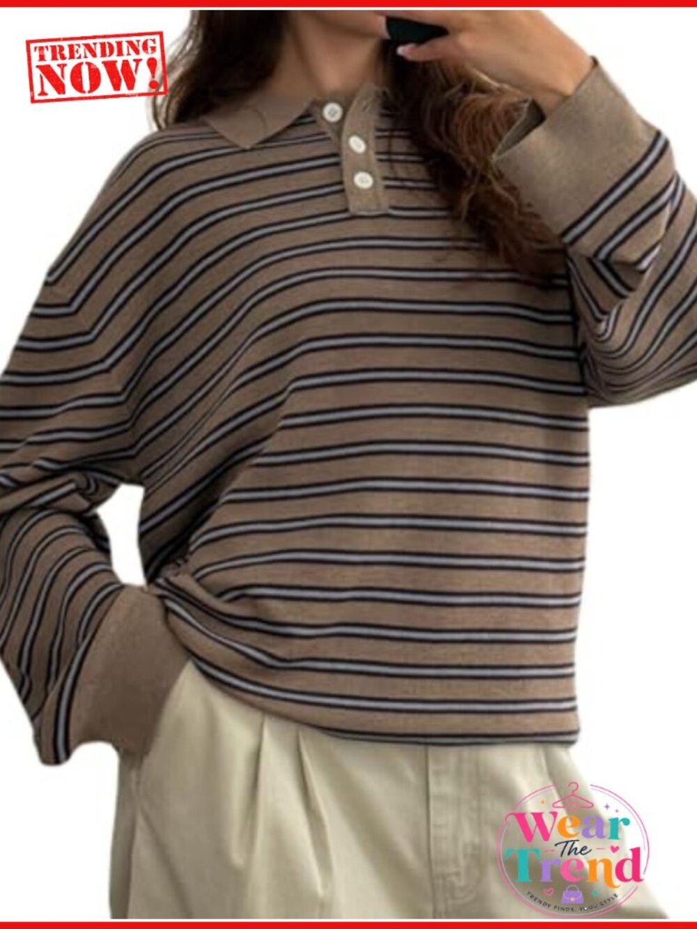 Striped Rugby Polo Shirt Oversized Long Sleeve Collared Pullover Preppy
